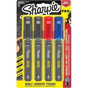 Sharpie® PRO Permanent Markers, Fine Point, Black/Gray Barrel, Assorted Ink Colors, Pack Of 4