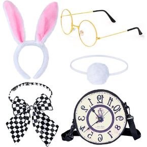 Easter Wonderland White Rabbit Accessory Kit 5Pcs Bunny Ear Tail Bowtie Round Glasses Bag Props For Easter Halloween