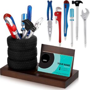 7 Pcs Tire Shape Stationery Set Wooden Tire Pen Holder Business Card Holder Desktop Novelty Desk Organizer Tool Funny Automotive Desk Accessories for Men Gifts Mechanic Car Lovers(Brown)