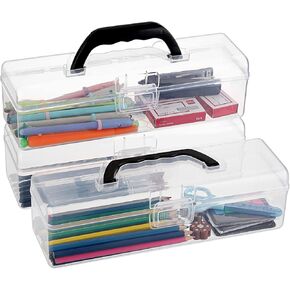 BTSKY 3 Pack Long Plastic Pencil Box Portable Clear Home Utility Boxes with Black Handle Stationery Storage Organizer Painting Tool Storage Container for Pencils Markers Sticky-Notes Craft Supplies