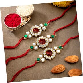Aheli Thread Rakhi for Brother Beautiful Kundan Beads Raksha Bandhan Rakhi Special with Greeting Card Combo Pack of 3