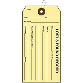 500 Lost and Found Tags with Knotted String Attached. Tag Size: 5 1/4" x 2 5/8". Printed in Black on Manila Uncoated Stock. Main Text:-Lost & Found Record.