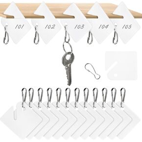 150 Pcs Key Identify Tags, Plastic Key Tag with Metal Snap Hooks, 1.5 Inch Square Slotted Key Identifier, White Blank Hanging Tags, Item Identifier for Cabinet, Box, Locker, Home, Office
