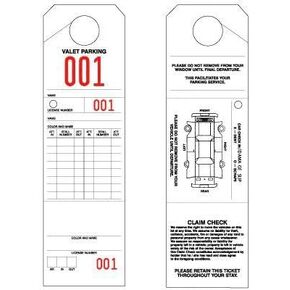 1000 Tags. 3-Part Valet Parking Tags with car Diagram. Numbered and Perforated to Create Valet Claim Ticket and Hang from Rear View Mirror. Perforated cardstock Key tag.