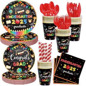 MEHOFOND 192PCS Kindergarten Graduation Party Decorations, Kindergarten Graduation Plates and Napkins Set, Preschool 2025 Graduate Disposable Tableware set for Congrats Grad Party Supplies, Serve 24