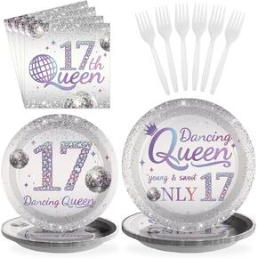 Grencian 96 Pcs Dancing Queen 17th Birthday Party Supplies Dancing Queen 17th Paper Plates and Napkins Disposable Silver Disco Party Tableware Set for Girls 17 Year Old Birthday Decorations Serves 24