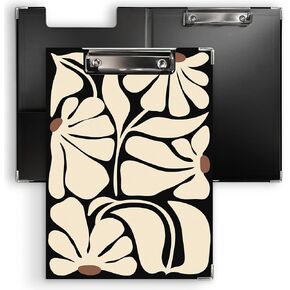 Ku-dayi Boho Abstract Floral Clipboard Padfolio with Storage Pocket, Black and Beige Botanical Plant Minimalist Neutral Flower Low Profile Clip Boards for Nurse Office Classroom, 12.4 x 9.25 in