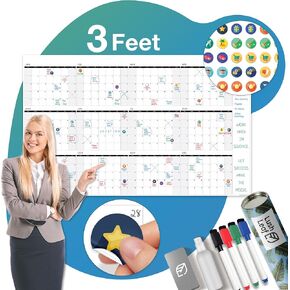 Wall Calendar Dry Erase, 24" x 39" - Undated, Yearly, Reusable - 2025 Year Calendar for Home, Classroom & Office, Includes Markers, Eraser & Accessories