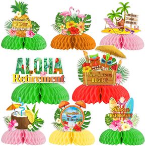Aloha Retirement Party Decorations - 8pcs Tropical Honeycomb Centerpieces, Beach Themed Hawaiian Luau Happy Farewell Party Supplies With Flamingo