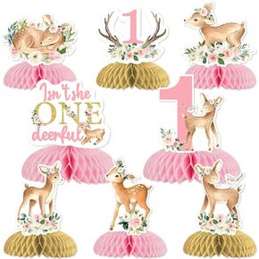 JOYMEMO 8Pcs Deer Baby Shower Honeycomb Centerpieces, Pink Oh Deer She's Almost Here with It’s a Girl Floral Table Centerpieces for Newborn Girl Baby Shower Gender Reveal Party