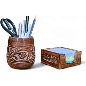 Mie Creations Set of 2 Pen Holder and Sticky Note Holder for Office Desk Organizer, Wooden Desktop Accessories Decor, Handmade Floral Rustic Pencil Stand & Post it Note Dispenser, Aesthetic Stationery