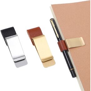 2 Pcs Pen Loop for Notebook, PU Leather Retro Pen Clips Metal Loop Holder for Journal Planner Clipboard Office (Black Silver + Brown Gold)