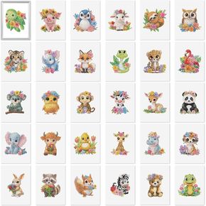 Xuhal 30 Pcs Summer Diamond Art Kits for Adults Cartoon Animals Diamond Paintings Kits 5d DIY Watercolor Flower Rhinestones Crafts Full Round Drill Gem Art Cardboard for Beginners Home Wall Decor Gift