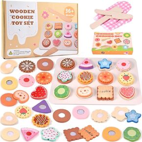 Wooden Cookie Play مجموعة طعام ، شريحة أطفال وخبز لصناعة ملفات تعريف الارتباط مع صناديق هدايا ، تلعب مجموعات الطعام للأطفال ، Montessori Play Association Excesssories For Girls for 3 4 5 6