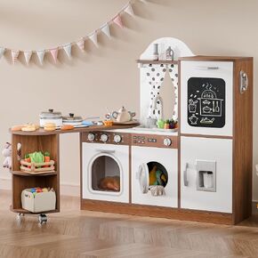 Wooden Corner Play Kitchen with 180° Rotating Design, Kids Kitchen Playset with Interactive Lights & Sounds, Toddler Kitchen Set with Realistic Accessories, Pretend Play Gift for Ages 3+ (Brown)