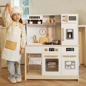 Freniland Wooden Play Kitchen Kids Kitchen Playset with Real Light & Sound Realistic Ice Maker Stove Oven Chef Pretend Toy Kitchen Include 31 Accessories Kids Toy Gift for Child Ages 3+ Toy Furniture