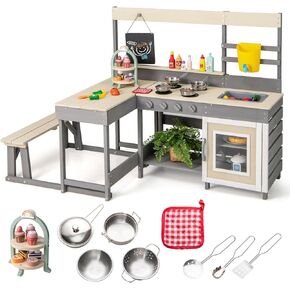 INFANS Mud Kitchen, Outdoor Play Kitchen with Faucet Chalkboard Stoves Removable Sink Cooking Accessories Wooden Kids Kitchen Playset Backyard Garden Toys Gift for Boys Girls Ages 3+