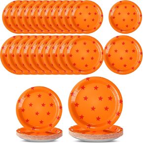 Baderke 48 Pcs Anime Theme Party Supplies Orange and Red Stars Print Disposable Plates Paper Cartoon Disposable Plates Tableware for Anime Birthday Party Decoration Supplies