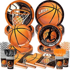 300 Pcs Basketball Plates and Napkins Party Supplies Serve 50, Includes Cups, Forks and Straws, Disposable Tableware Set, Basketball Birthday Decorations