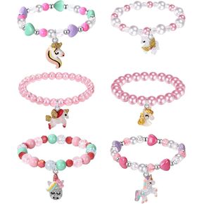 6 Pieces Colorful Girls Bracelets Rainbow Beaded Bracelet for Birthday Party Favors Toddler Friendship Bracelet Jewelry Little Girls Costume Unicorn Jewelry-Unicorn