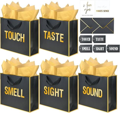 Gold Gold Foil 5 Assses Hosel Facs بالنسبة له مع مظاريف وبطاقات وبطاقات ، رائحة البصر تلمس حقائب هدايا الصوت مع ورق الأنسجة لعيد الميلاد ، الذكرى ، عيد الأم ، عيد الحب (12x10x4inch) in Kuwait