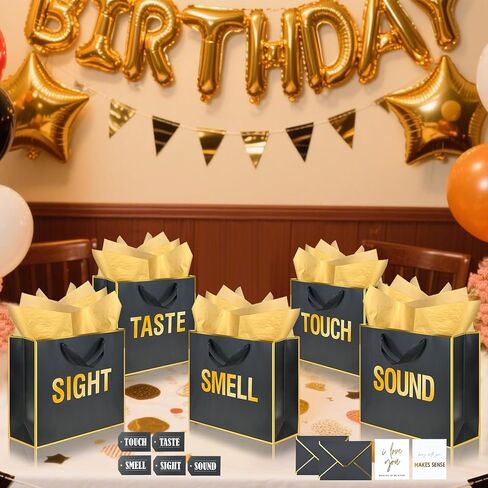 Gold Gold Foil 5 Assses Hosel Facs بالنسبة له مع مظاريف وبطاقات وبطاقات ، رائحة البصر تلمس حقائب هدايا الصوت مع ورق الأنسجة لعيد الميلاد ، الذكرى ، عيد الأم ، عيد الحب (12x10x4inch) in Kuwait