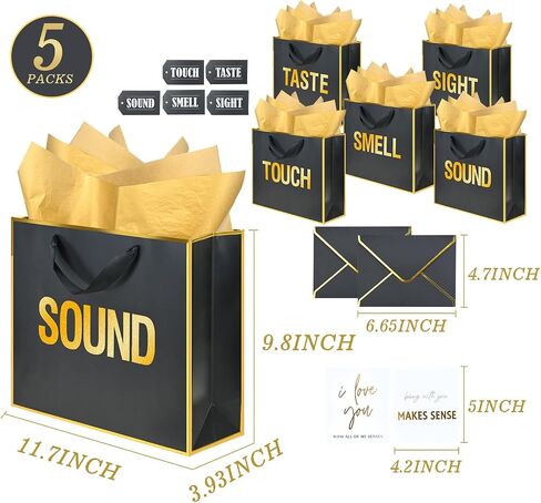 Gold Gold Foil 5 Assses Hosel Facs بالنسبة له مع مظاريف وبطاقات وبطاقات ، رائحة البصر تلمس حقائب هدايا الصوت مع ورق الأنسجة لعيد الميلاد ، الذكرى ، عيد الأم ، عيد الحب (12x10x4inch) in Kuwait
