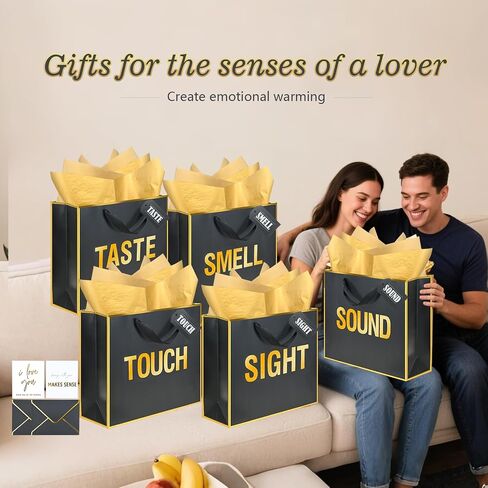 Gold Gold Foil 5 Assses Hosel Facs بالنسبة له مع مظاريف وبطاقات وبطاقات ، رائحة البصر تلمس حقائب هدايا الصوت مع ورق الأنسجة لعيد الميلاد ، الذكرى ، عيد الأم ، عيد الحب (12x10x4inch) in Kuwait