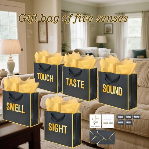 Gold Gold Foil 5 Assses Hosel Facs بالنسبة له مع مظاريف وبطاقات وبطاقات ، رائحة البصر تلمس حقائب هدايا الصوت مع ورق الأنسجة لعيد الميلاد ، الذكرى ، عيد الأم ، عيد الحب (12x10x4inch) in Kuwait