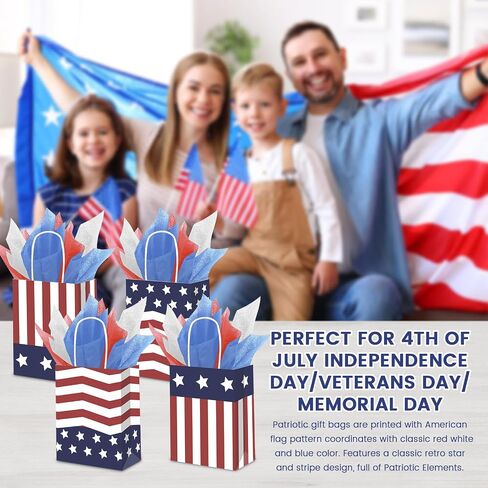 DECEED 12 PCS Patriotic Gift Bags with 12 Tissue Paper, 4th Of July Gift Bags with Handles, American Flag Kraft Paper Bags, Independence Day Veterans Day Memorial Day Party Supplies(Stripe) in Kuwait