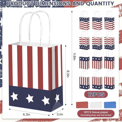 DECEED 12 PCS Patriotic Gift Bags with 12 Tissue Paper, 4th Of July Gift Bags with Handles, American Flag Kraft Paper Bags, Independence Day Veterans Day Memorial Day Party Supplies(Stripe) in Kuwait