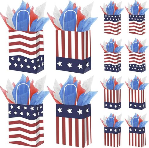 DECEED 12 PCS Patriotic Gift Bags with 12 Tissue Paper, 4th Of July Gift Bags with Handles, American Flag Kraft Paper Bags, Independence Day Veterans Day Memorial Day Party Supplies(Stripe) in Kuwait