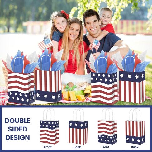 DECEED 12 PCS Patriotic Gift Bags with 12 Tissue Paper, 4th Of July Gift Bags with Handles, American Flag Kraft Paper Bags, Independence Day Veterans Day Memorial Day Party Supplies(Stripe) in Kuwait