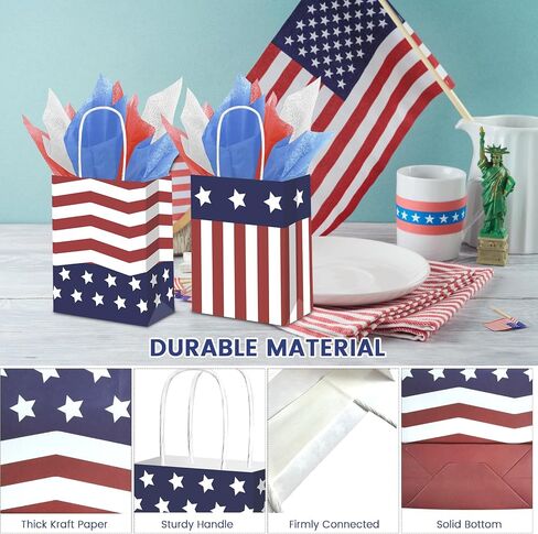 DECEED 12 PCS Patriotic Gift Bags with 12 Tissue Paper, 4th Of July Gift Bags with Handles, American Flag Kraft Paper Bags, Independence Day Veterans Day Memorial Day Party Supplies(Stripe) in Kuwait