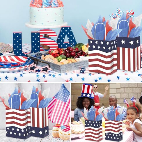 DECEED 12 PCS Patriotic Gift Bags with 12 Tissue Paper, 4th Of July Gift Bags with Handles, American Flag Kraft Paper Bags, Independence Day Veterans Day Memorial Day Party Supplies(Stripe) in Kuwait