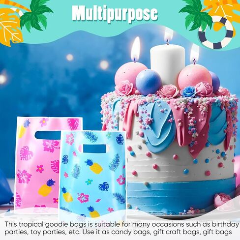 Marspark 50 PCS Cartoon Party Favors أكياس الهدايا الأزرق والوردي Hawaiian ذات طابع حلوى معالجة الأكياس البلاستيكية أوراق النخيل لصالح حفلة عيد ميلاد ألوها الاستوائية الصيفية in Kuwait