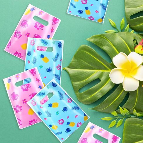 Marspark 50 PCS Cartoon Party Favors أكياس الهدايا الأزرق والوردي Hawaiian ذات طابع حلوى معالجة الأكياس البلاستيكية أوراق النخيل لصالح حفلة عيد ميلاد ألوها الاستوائية الصيفية in Kuwait