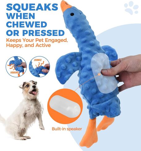 Squeaky Plush Dog Toy for All Breeds, Multifunctional Goose Dog Toy with Honking Sound, Crinkle Paper, Treat Pocket, Durable Soft Stuffed Animal for Chewing, Cuddling, Interactive Play (Blue) in Kuwait