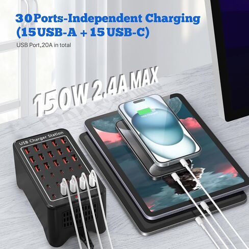 محطة شحن USB C متعددة المنافذ، كتلة محطة شحن USB، محطات شحن 24 منفذ 100 وات (20 أمبير)، سطح مكتب لأجهزة متعددة شاحن حائط USB محور طاقة، متوافق مع Samsung S24/iPhone/Google in Saudi Arabia