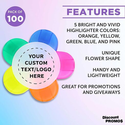 DISCOUNT PROMOS Custom Highlighters Set of 100, Personalized Bulk Pack - Durable Chisel Tip, Textbook Highlighters, Handy and Easy to Store - Flower in Kuwait