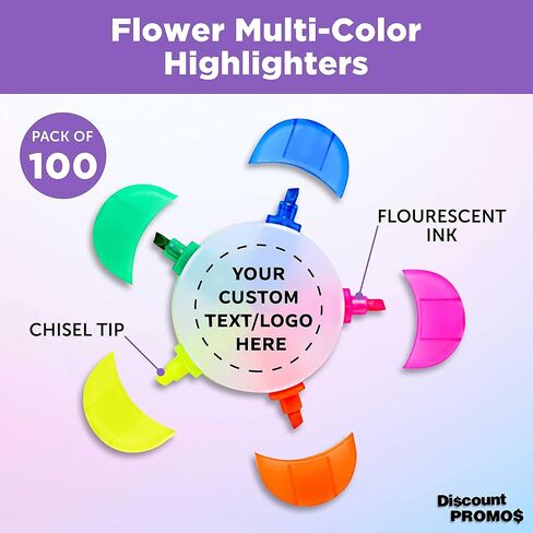 DISCOUNT PROMOS Custom Highlighters Set of 100, Personalized Bulk Pack - Durable Chisel Tip, Textbook Highlighters, Handy and Easy to Store - Flower in Kuwait
