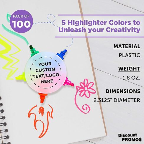 DISCOUNT PROMOS Custom Highlighters Set of 100, Personalized Bulk Pack - Durable Chisel Tip, Textbook Highlighters, Handy and Easy to Store - Flower in Kuwait