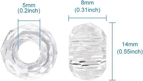 KISSITTY 100pcs Clear Glass Faceted European Beads Bulk Crystal Large Hole Loose Rondelle Spacer Beads Slide Charms No Metal Core 14x8mm for DIY Bracelet Necklace Jewelry Crafts Making Hole:5mm in Saudi Arabia