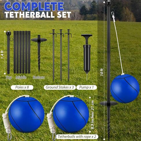 10 ft Tetherball Set with 2 Balls, Portable Replacement Tetherball Ball and Rope and Pole Tether Equipment Adjustable Pole Game for Adult Dog Outdoor Backyard Beach in Saudi Arabia
