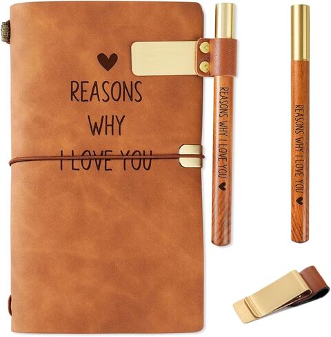 Reasons Why I Love You Leather Journal Notebook with Pen and Pen Holder, Gifts for Women, Men on Birthday, Valentines Day, Refillable Sketchbook, Travel Diary, Lined Planner, 7x5 Inches - Brown in Saudi Arabia