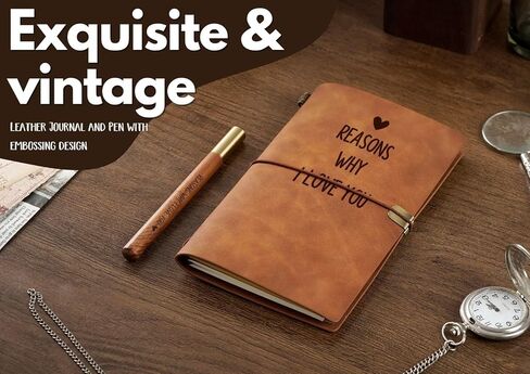 Reasons Why I Love You Leather Journal Notebook with Pen and Pen Holder, Gifts for Women, Men on Birthday, Valentines Day, Refillable Sketchbook, Travel Diary, Lined Planner, 7x5 Inches - Brown in Saudi Arabia