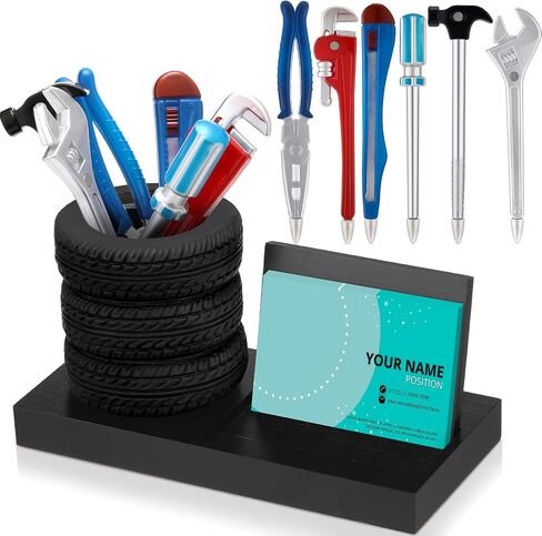 7 PCS Tyre Shape Stationery Set Wooden Tyre Pen Pen Business حامل بطاقة العمل المكتبية المكتبية المنظمة أداة مضحكة للسيارات المكتب للرجال لعشاق السيارات الميكانيكية (براون) in Kuwait