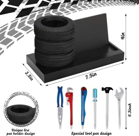 7 PCS Tyre Shape Stationery Set Wooden Tyre Pen Pen Business حامل بطاقة العمل المكتبية المكتبية المنظمة أداة مضحكة للسيارات المكتب للرجال لعشاق السيارات الميكانيكية (براون) in Kuwait