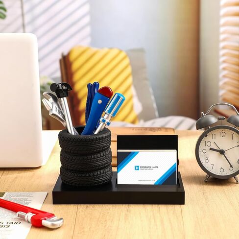 7 PCS Tyre Shape Stationery Set Wooden Tyre Pen Pen Business حامل بطاقة العمل المكتبية المكتبية المنظمة أداة مضحكة للسيارات المكتب للرجال لعشاق السيارات الميكانيكية (براون) in Kuwait
