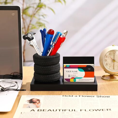7 PCS Tyre Shape Stationery Set Wooden Tyre Pen Pen Business حامل بطاقة العمل المكتبية المكتبية المنظمة أداة مضحكة للسيارات المكتب للرجال لعشاق السيارات الميكانيكية (براون) in Kuwait